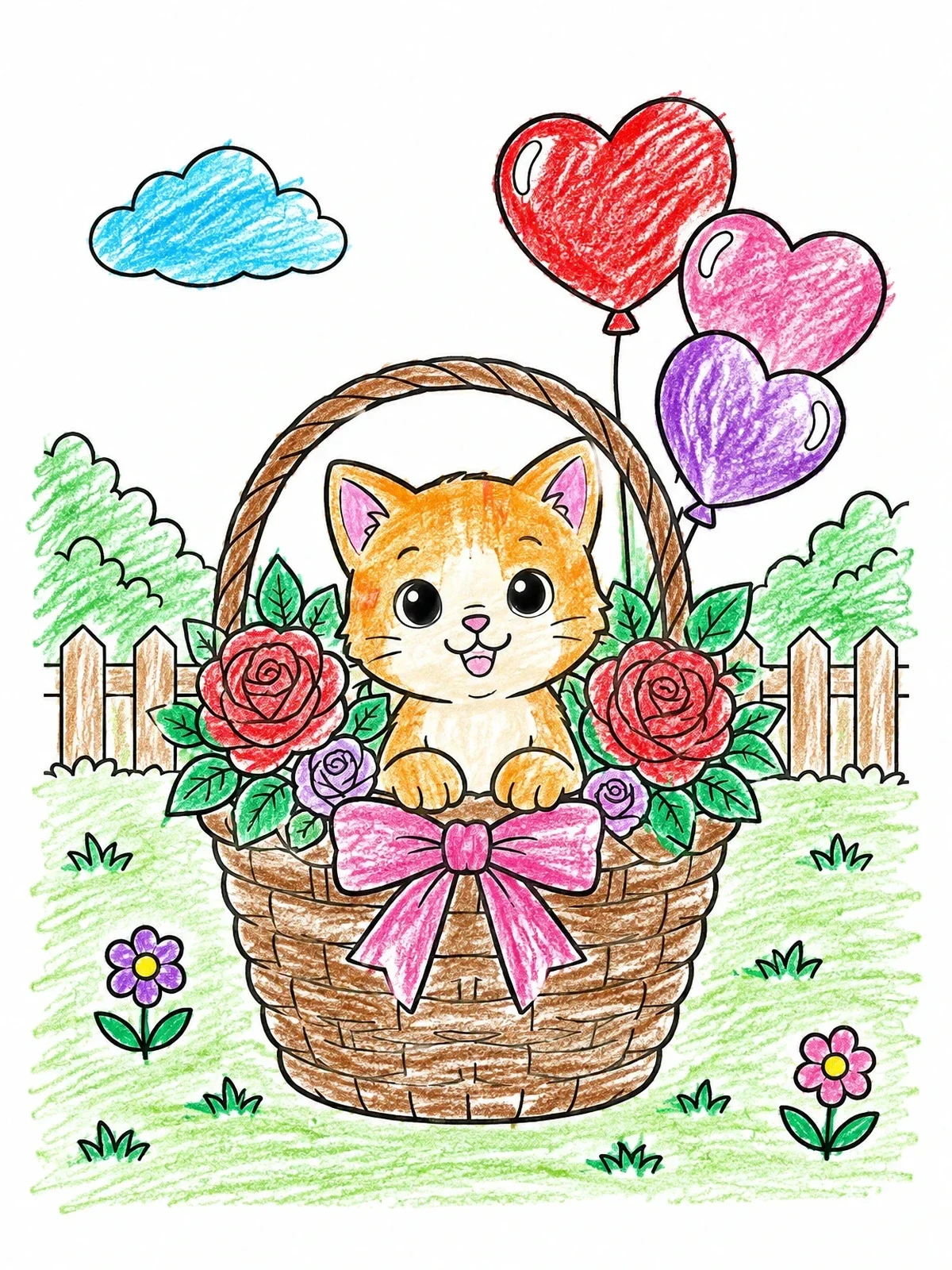 Colored example of the Kitten In Rose Basket With Balloons coloring page