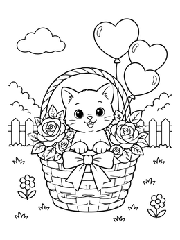 Free printable Kitten In Rose Basket With Balloons coloring page