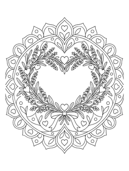 Intricate hearts and flowers coloring page featuring a lavender wreath inside a detailed circular mandala.