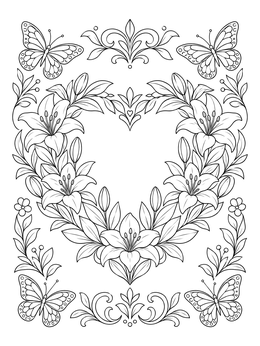 Lily Heart Wreath with Butterflies coloring page