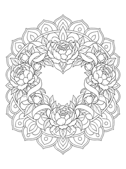 An intricate hearts and flowers coloring page featuring a heart wreath of blooming peonies.