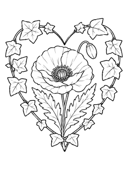 A blooming poppy centered inside a hearts and flowers coloring page framed by ivy vines.