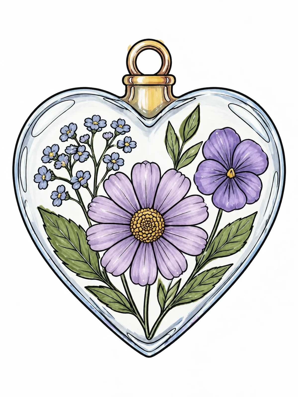 Colored example of the Pressed Flowers In Glass Heart Pendant coloring page