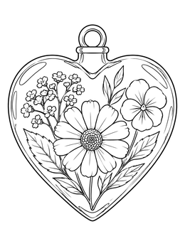 A hearts and flowers coloring page depicting a glass heart pendant filled with delicate pressed wildflowers.