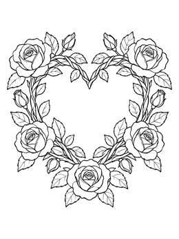 Blooming rose wreath in this hearts and flowers coloring page.