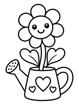 Free printable Smiling Flower In Heart Watering Can coloring page