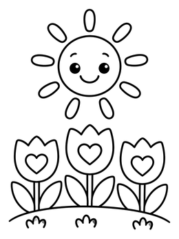 Free printable Smiling Sun And Heart Tulips coloring page