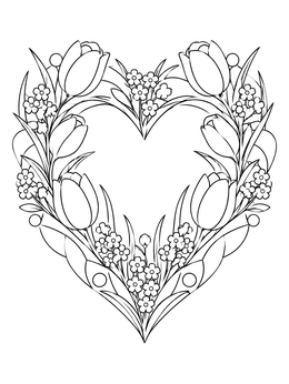 A blooming hearts and flowers coloring page featuring tulips and forget-me-nots in a heart wreath.
