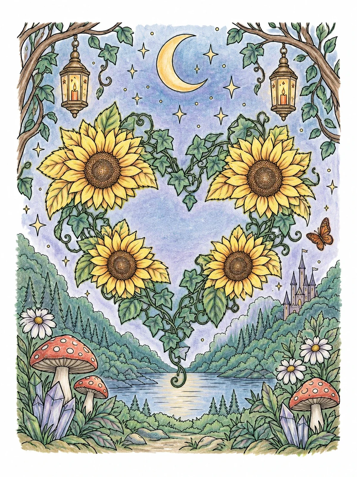 Colored example of the Sunflower Heart Botanical Night Landscape coloring page