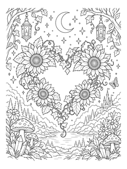 A magical hearts and flowers coloring page with a sunflower wreath against a night sky.