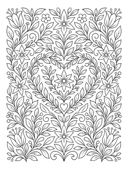 Intricate symmetrical hearts and flowers coloring page with folk-art vines and blossoms.