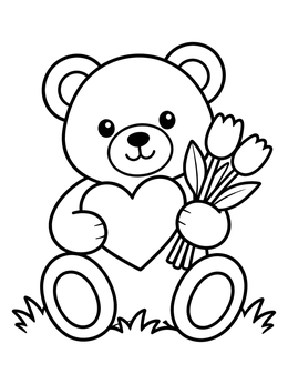 Free printable Teddy Bear With Heart And Tulips coloring page