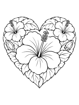 A tropical hearts and flowers coloring page with hibiscus blooms arranged in a heart shape.
