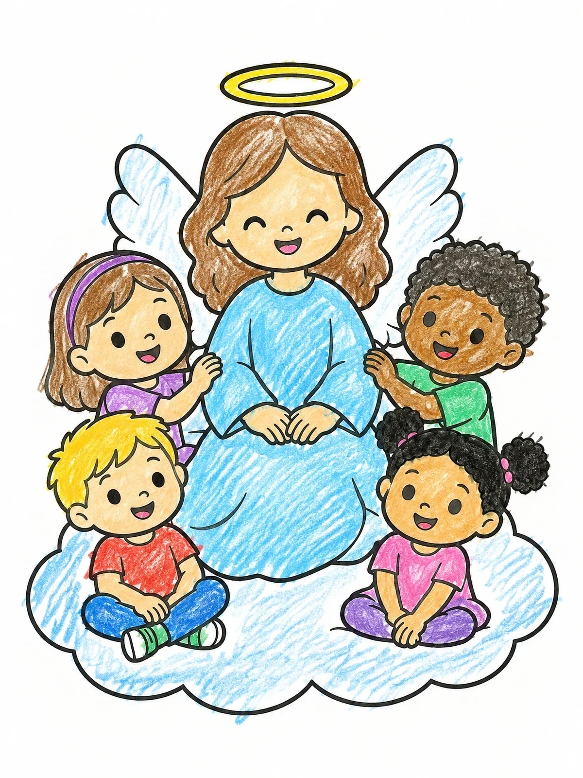 Colored example of the Angel With Happy Children On Cloud coloring page