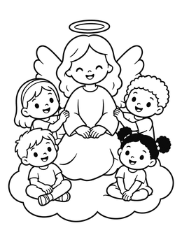 Free printable Angel With Happy Children On Cloud coloring page