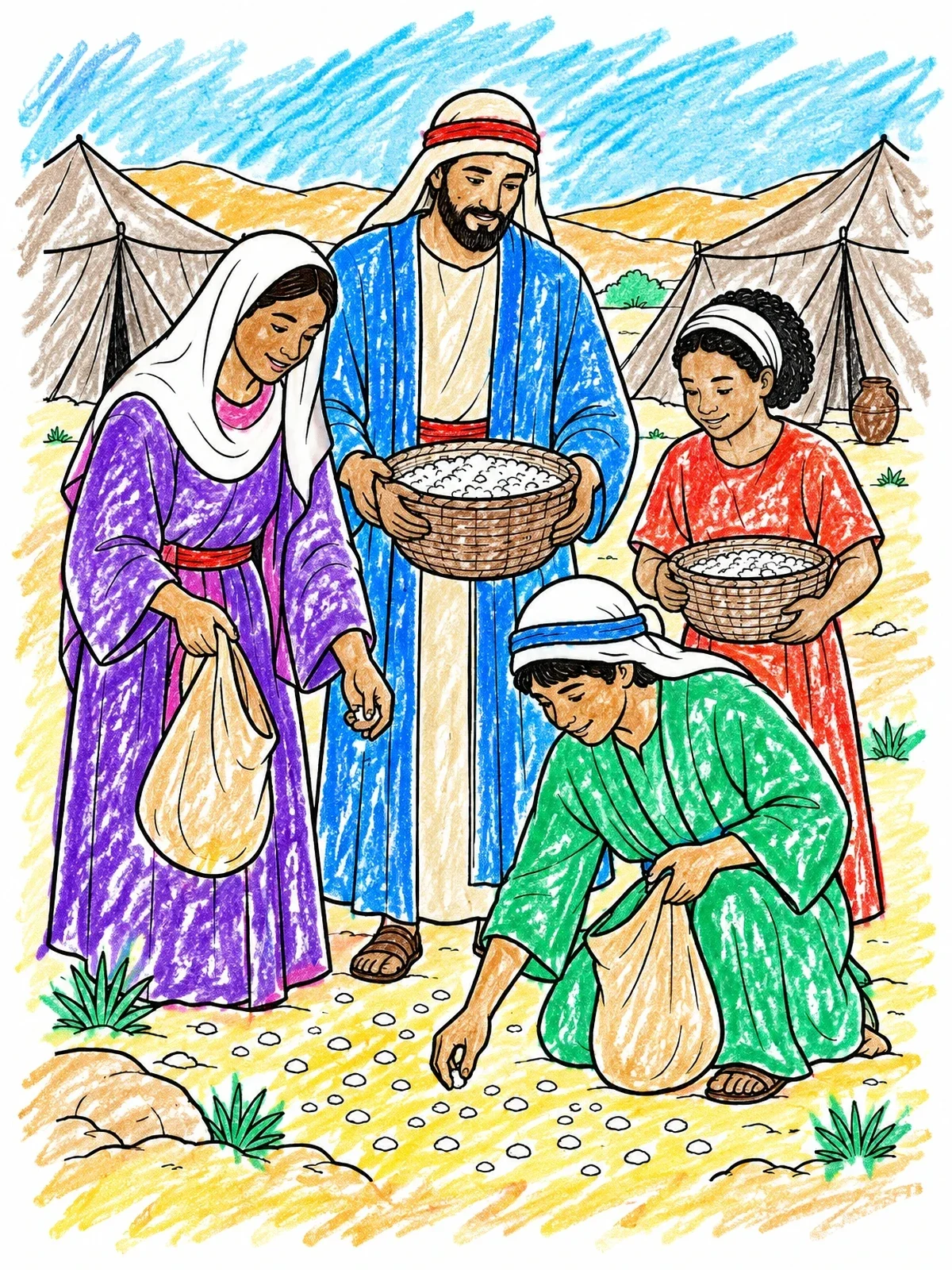 Colored example of the Family Gathering Manna In Desert coloring page