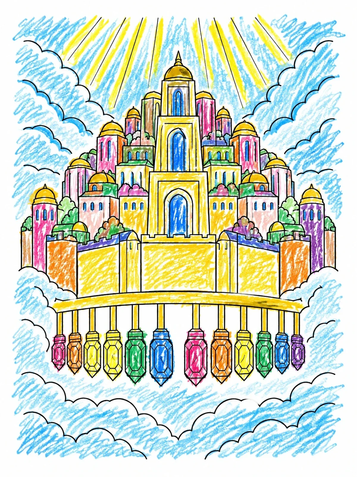 Colored example of the Celestial City With Jeweled Foundations coloring page