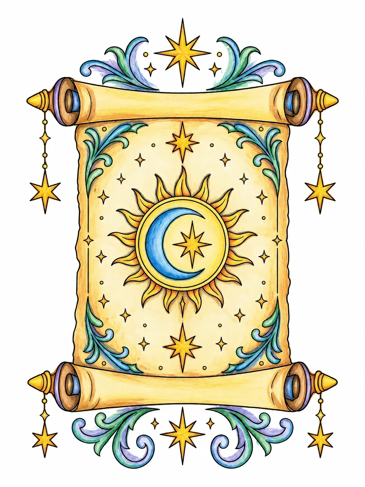Colored example of the Celestial Sun And Moon Scroll coloring page