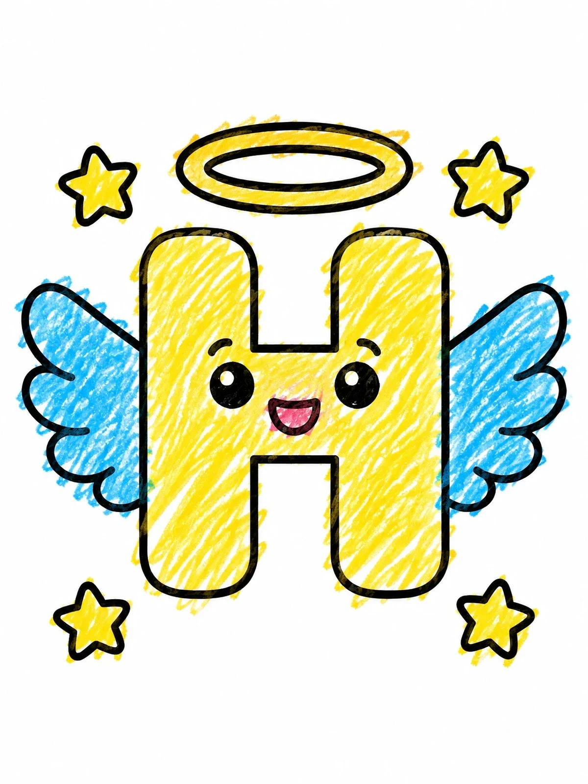 Colored example of the Cute Angel Letter H With Wings coloring page