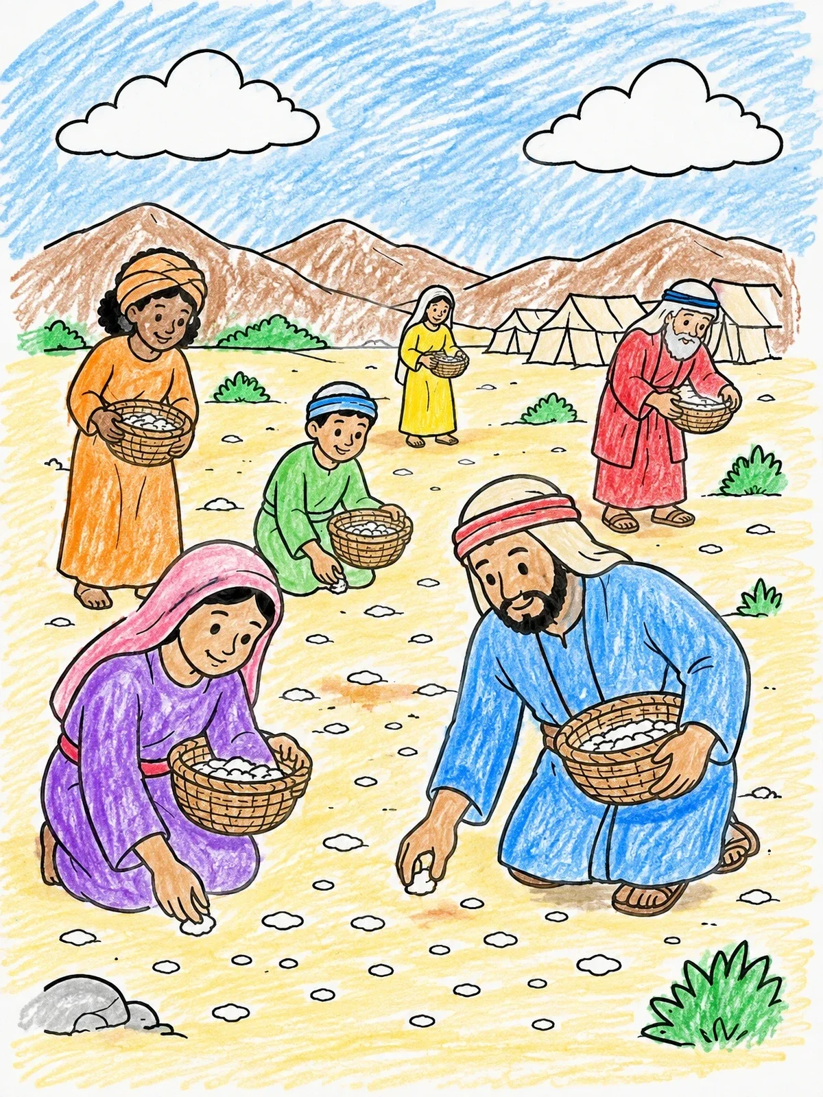 Colored example of the Gathering Manna In The Desert coloring page