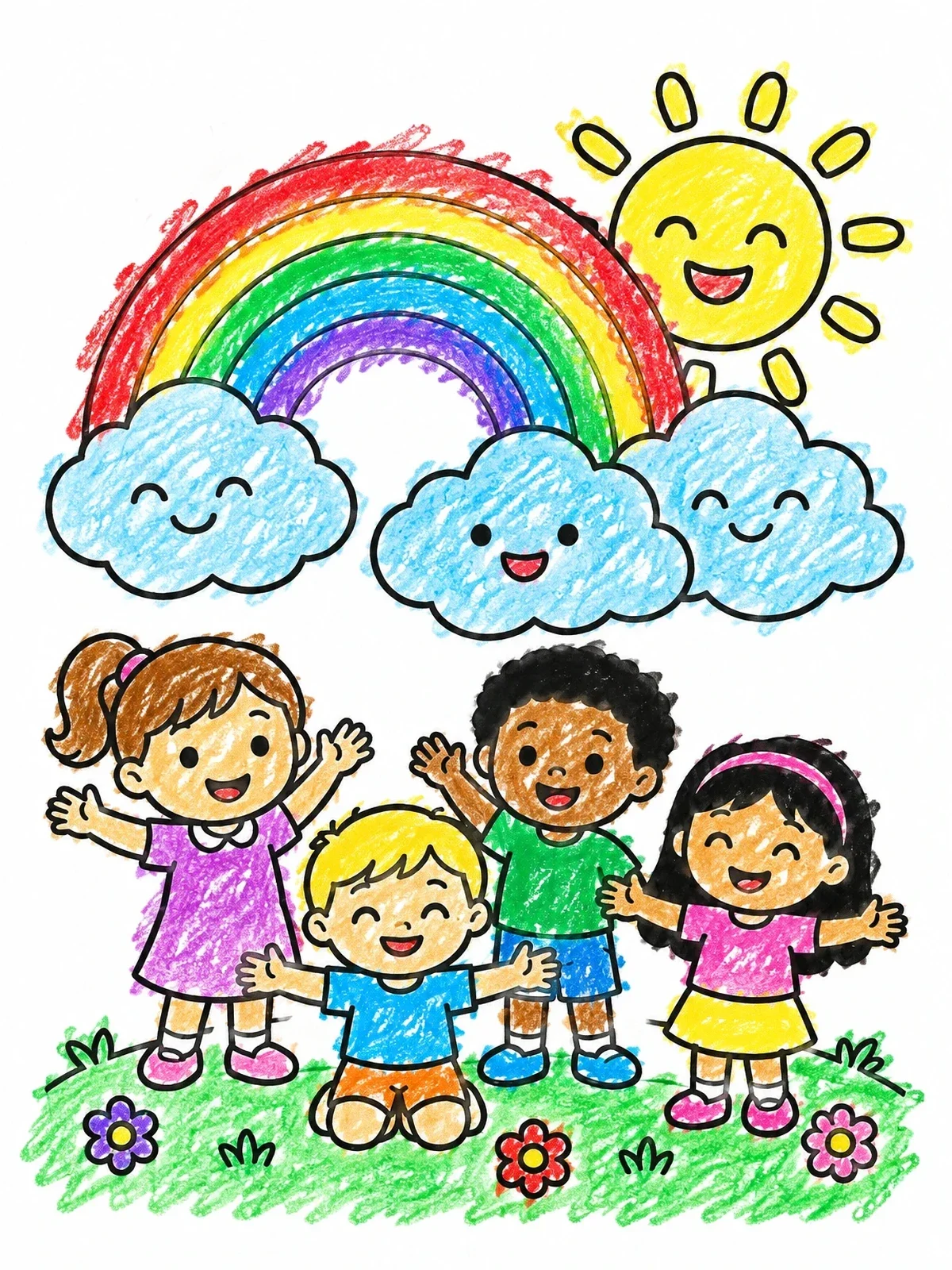 Colored example of the Happy Children Under Rainbow And Sun coloring page