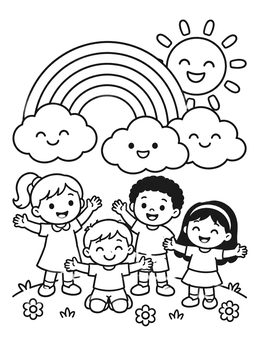 Free printable Happy Children Under Rainbow And Sun coloring page