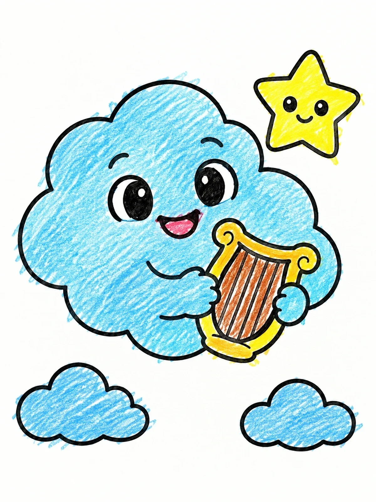 Colored example of the Happy Cloud Playing A Harp coloring page
