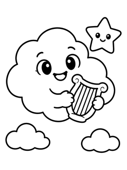 Free printable Happy Cloud Playing A Harp coloring page