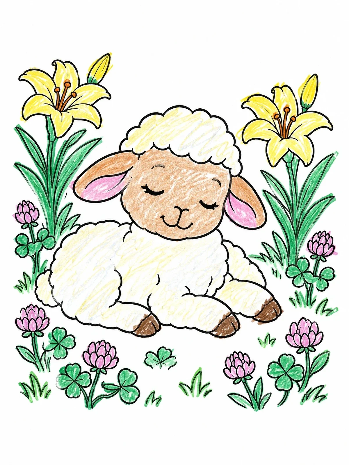 Colored example of the Peaceful Lamb Resting Among Lilies coloring page