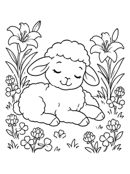 Free printable Peaceful Lamb Resting Among Lilies coloring page
