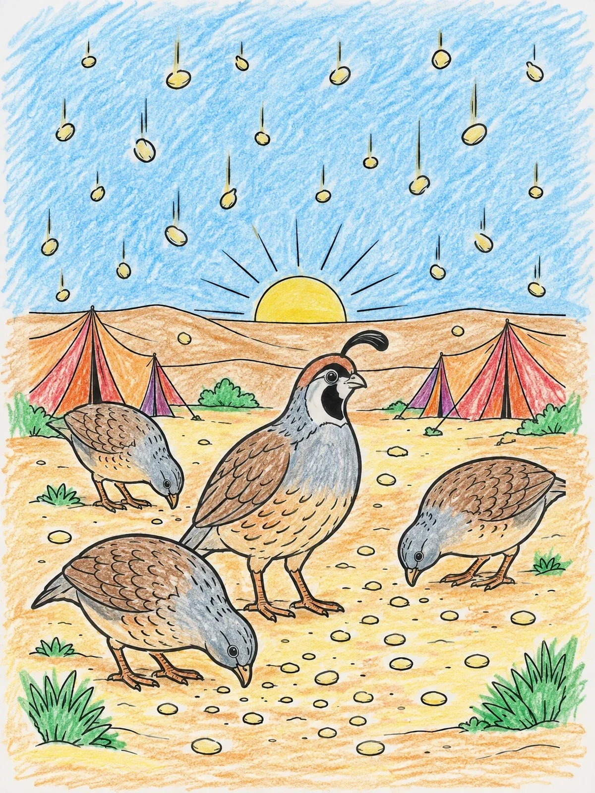 Colored example of the Quail And Manna In The Desert coloring page