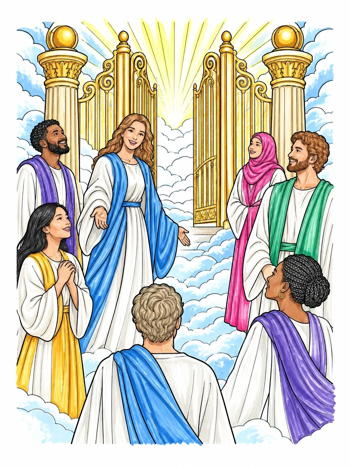 Colored example of the Welcoming At The Pearly Gates coloring page