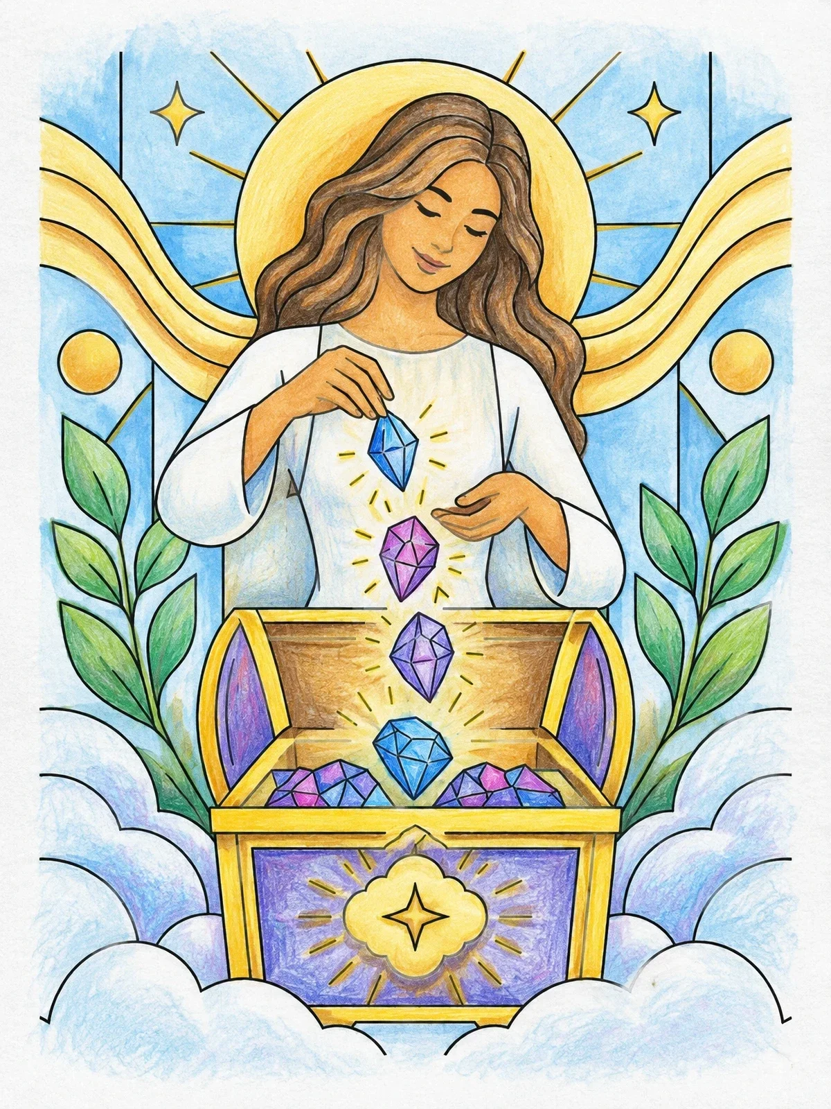 Colored example of the Gathering Heavenly Treasures In A Chest coloring page