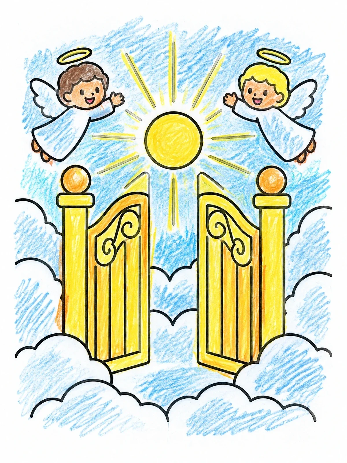 Colored example of the Heavenly Gates With Cute Little Angels coloring page