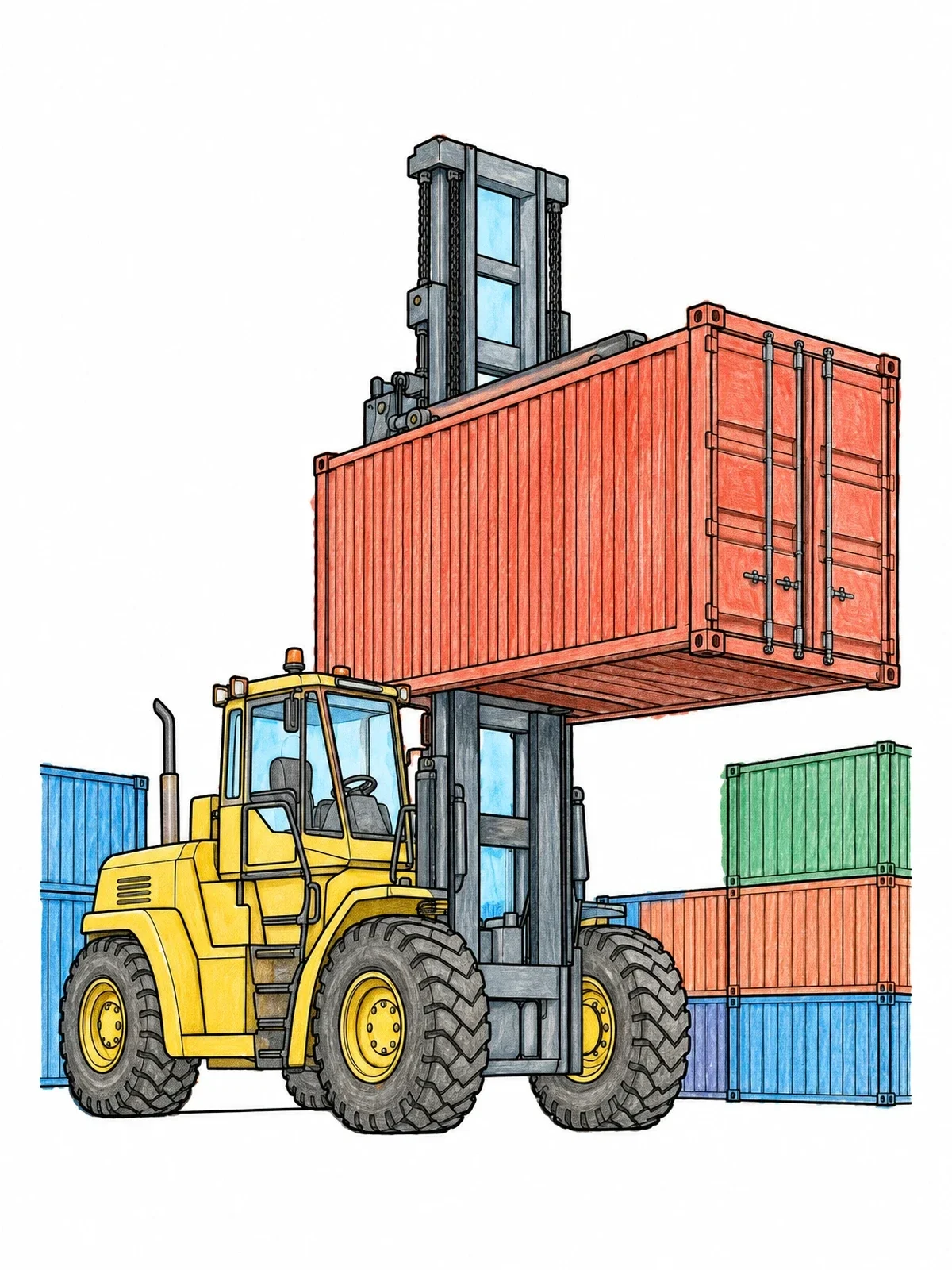Colored example of the Heavy Duty Forklift With Container coloring page