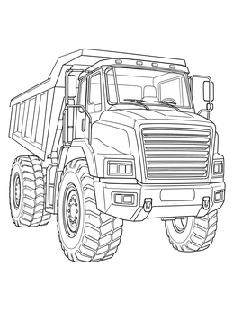 Detailed dump truck coloring page showing huge tread tires, front grille, and cabin.