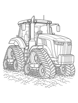 A detailed tractor coloring page showing an agricultural machine with continuous rubber tracks.