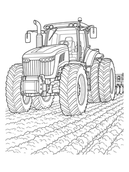 A detailed tractor coloring page showing a large modern farm vehicle working in a freshly plowed field.