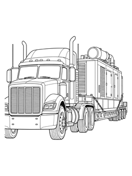 Detailed truck coloring page featuring a heavy-haul semi truck carrying a large industrial generator.