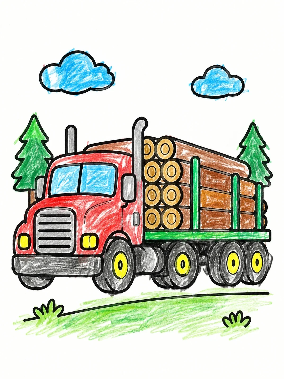 Colored example of the Heavy Logging Truck With Wood Trunks coloring page