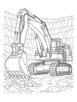 A massive crawler excavator coloring page digging inside a terraced open-pit quarry.