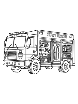 Detailed fire truck coloring page showing an open heavy rescue vehicle filled with specialized tools.
