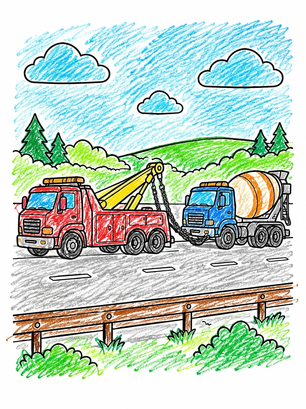Colored example of the Heavy Tow Truck Towing Cement Mixer coloring page