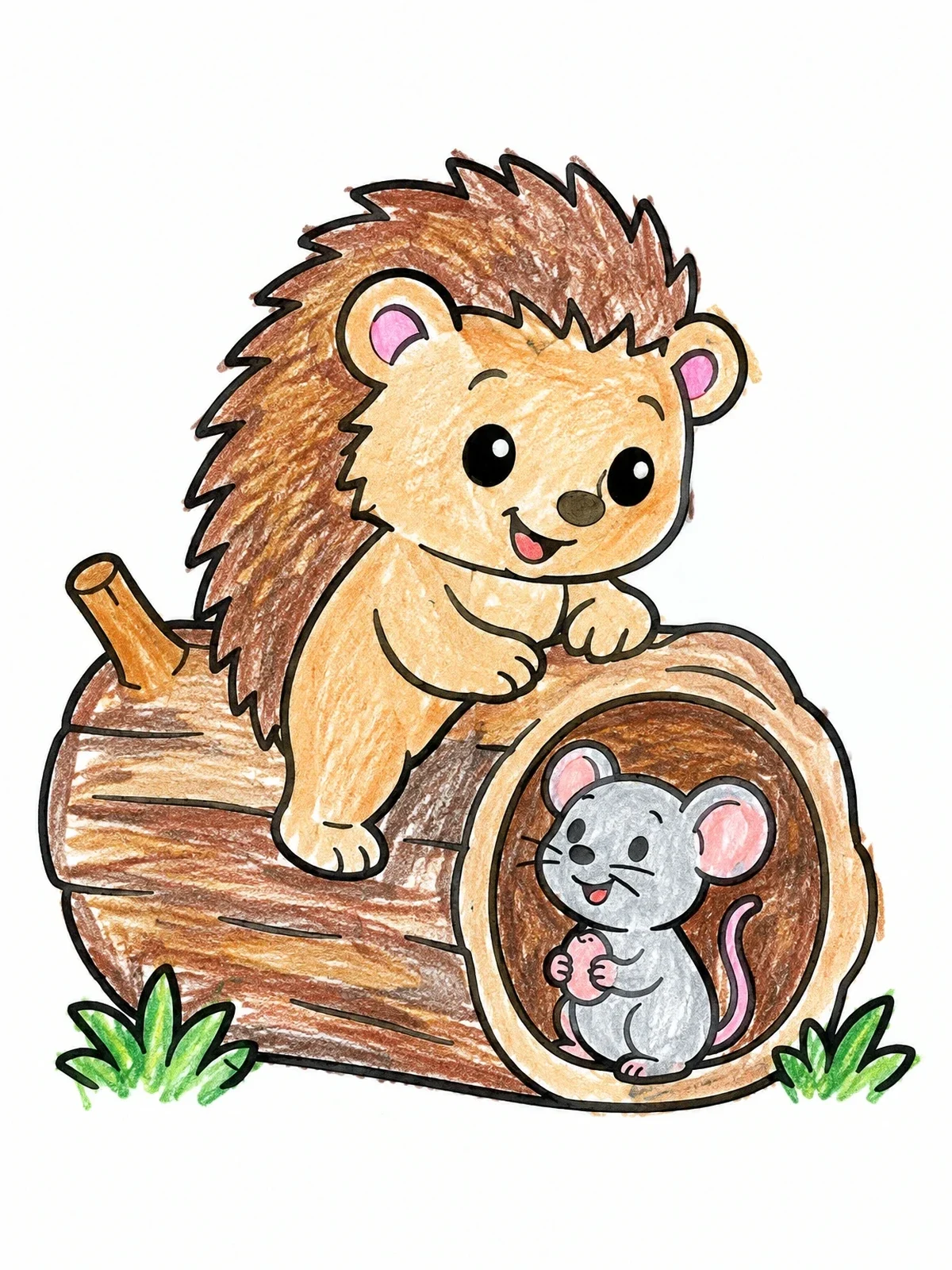 Colored example of the Hedgehog And Mouse By A Log coloring page