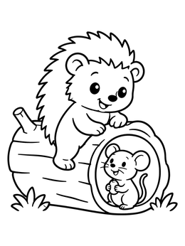 A cheerful hedgehog coloring page featuring a mouse resting inside a hollow log.