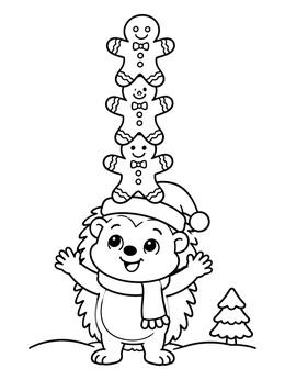 A cheerful hedgehog christmas coloring page with stacked gingerbread cookies.