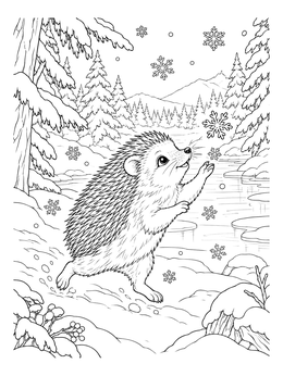 A joyful hedgehog christmas coloring page featuring a hedgehog catching falling snowflakes in the snow.