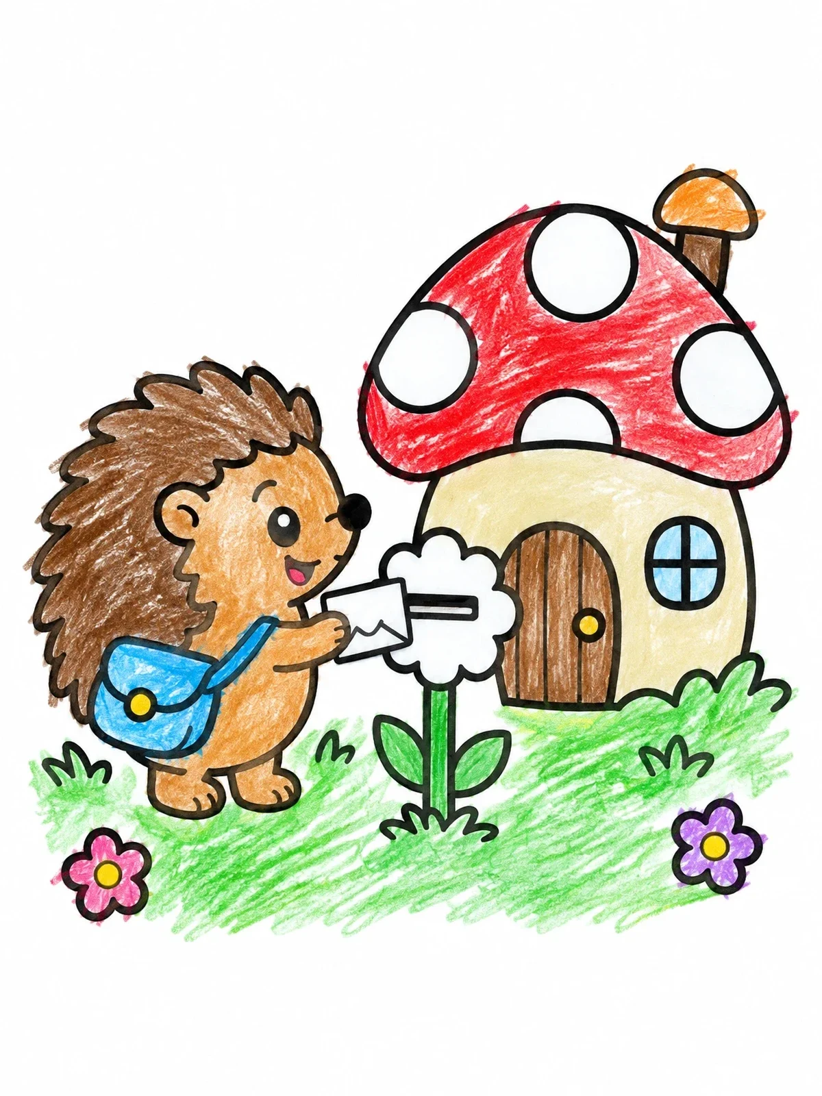 Colored example of the Hedgehog Mail Carrier At Mushroom Cottage coloring page
