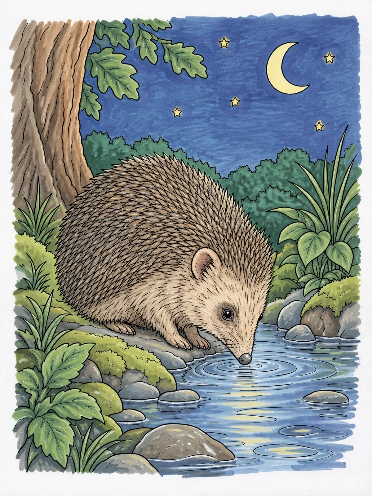 Colored example of the Hedgehog Drinking From Woodland Stream coloring page