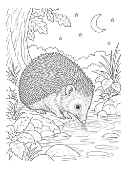 A peaceful hedgehog coloring page showing the animal drinking from a forest stream at night.